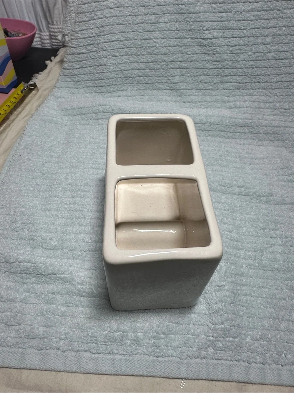 Cream 'STUFF' Ceramic 2 section storage container by Rae Dunn